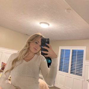 White Old Navy sweater with twist knit design